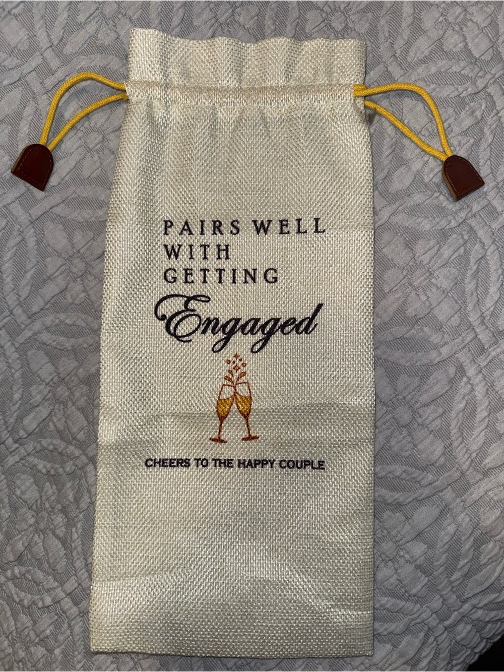 Engaged Celebration Drawstring Wine Bag - Cream with Yellow Accents